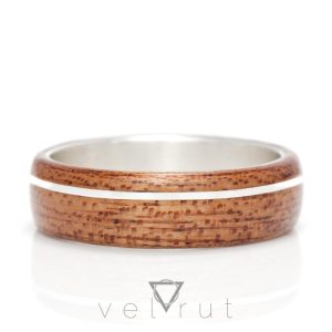 velrut açık maun ağacı kenarlı ince gümüş şeritli sarma ahşap yüzük