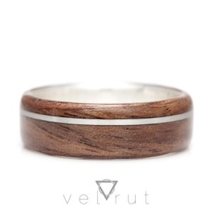 velrut ceviz ağacı kenarlı ince gümüş şeritli sarma ahşap yüzük