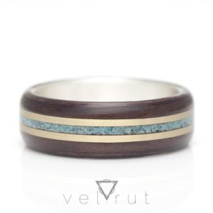 Çift Pirinç Şerit ve Bitişik Turkuaz Şeritli Sarma Ahşap Yüzük