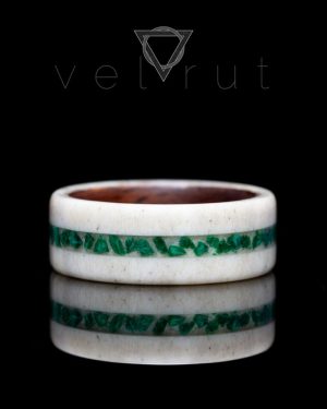 velrut koyu maun ağacı ahşap astar malahit malakit taşlı geyik boynuzu yüzük