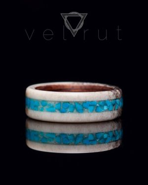velrut koyu maun ağacı ahşap astar turkuaz firuze taşlı geyik boynuzu yüzük
